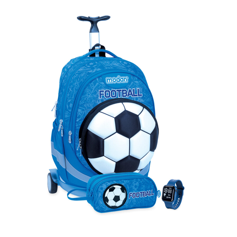תיק טרולי וקלמר כדורגל כחול תא כדור בולט לבן