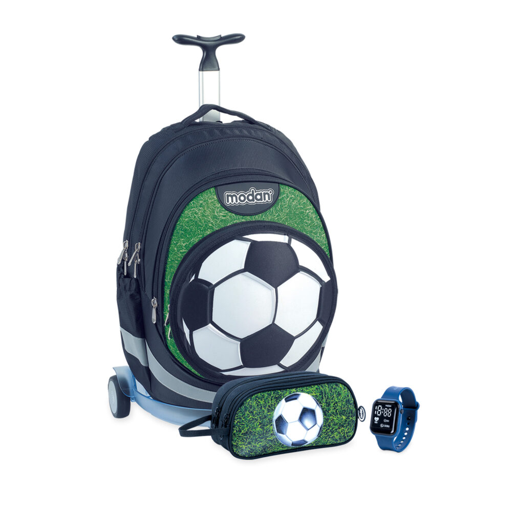 תיק טרולי וקלמר כדורגל רקע ירוק תא כדור בולט לבן